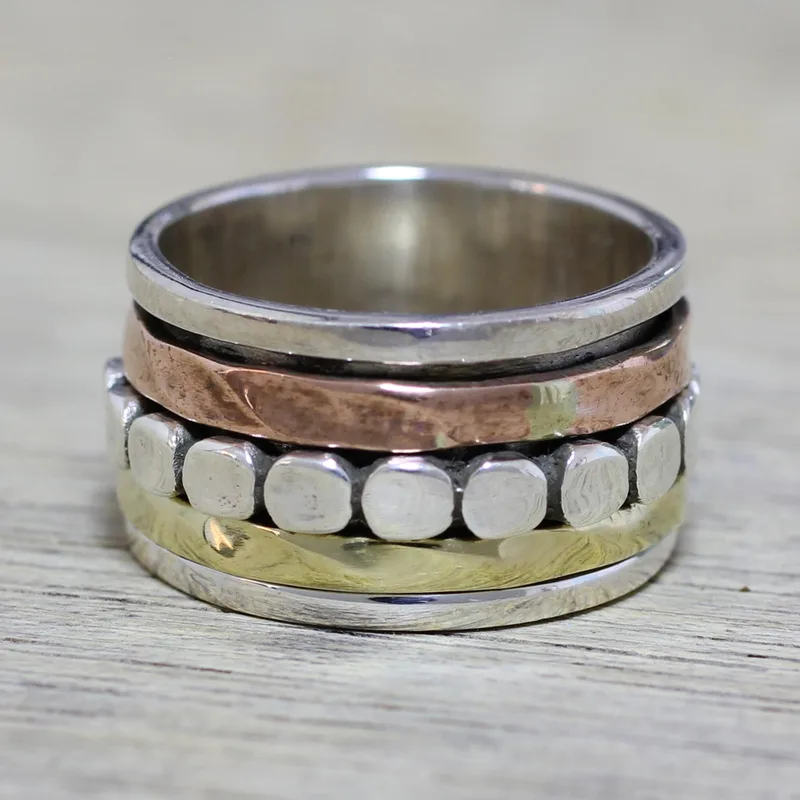 Sterling Silber, Kupfer und Messing Spinner Ring aus Indien Handgefertigter Ring Silberschmuck Böhmischer zarter Ring Geschenk für Sie Geschenkidee