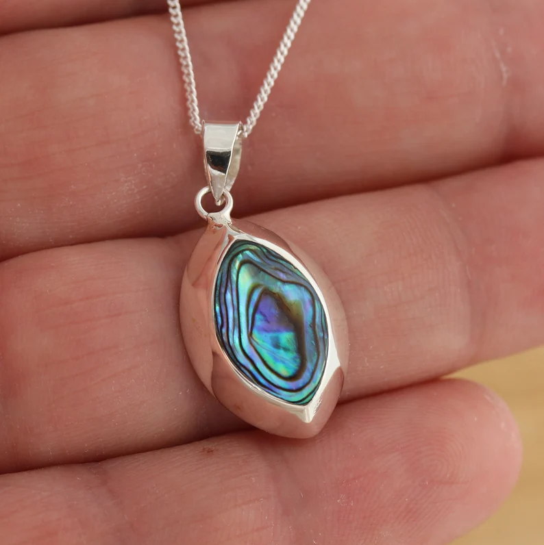 Solid 925 Sterling Silver Abalone Shell Large Pendant Curb Chain Necklace Gift Boxed