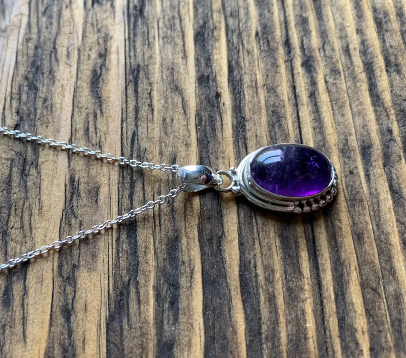 Amethyst-Halskette Boho-Halskette Ovale Amethyst-Halskette Sterling Silber Lila Halskette Zarte Halskette