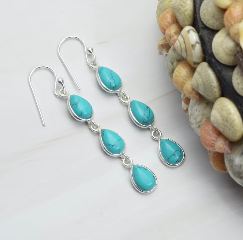 Blauer Türkis 925 Sterling Silber Edelstein Haken-Ohrringe Handgefertigter Schmuck 925er Silber Geschenk zum Jubiläum 3 Stein Schmuck