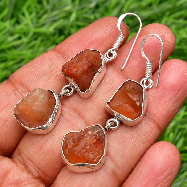 Natürliche Karneol 925 Sterling Silber Roh Ohrringe Geschenk für Sie Handgemachte Ohrringe Dangle Ohrringe Für Frauen Alltag Statement Ohrringe