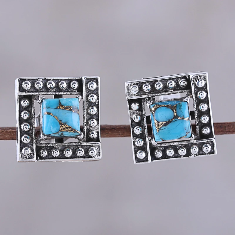 Handgemachte quadratische Türkis-Ohrstecker Quadratische 925 Sterling Silber Türkis-Schmuck Handgemachter böhmischer Schmuck Geschenk für Sie