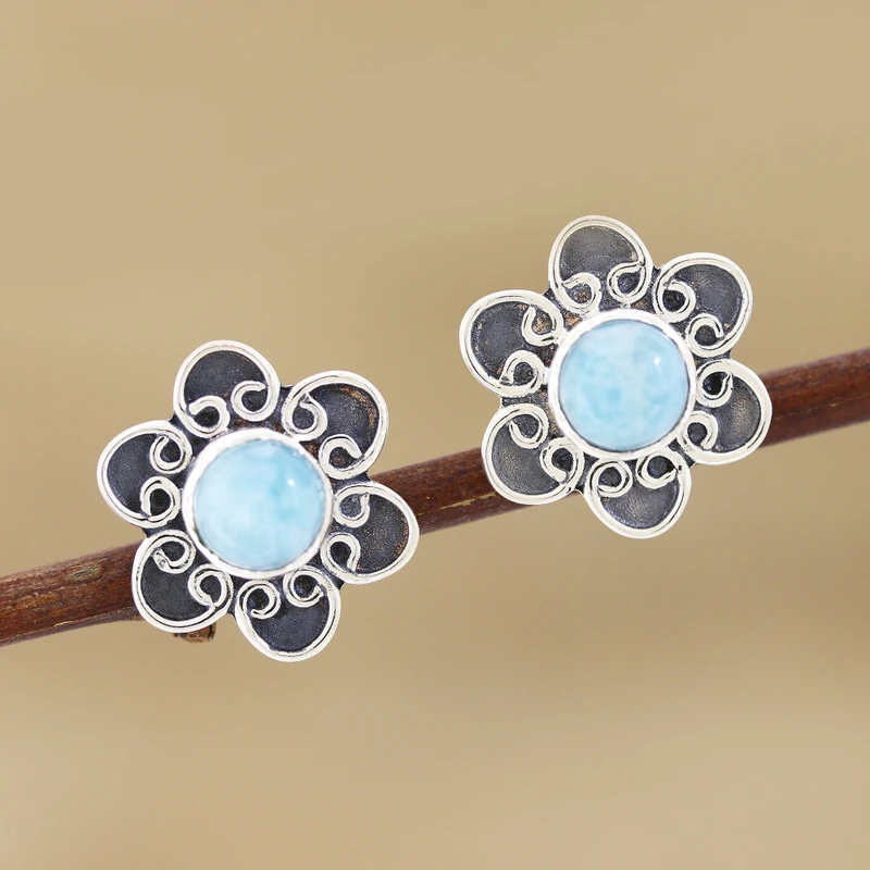 Blumenknopf Larimar Ohrstecker 925 Sterling Silber Ohrstecker Edelsteinohrringe Handgemachter böhmischer Schmuck Geschenk für Sie