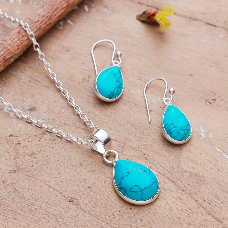 Türkise Halskette und Ohrringe Schmuckset 925 Sterling Silber Anhänger Halskette Böhmischer Schmuck Geschenk für sie