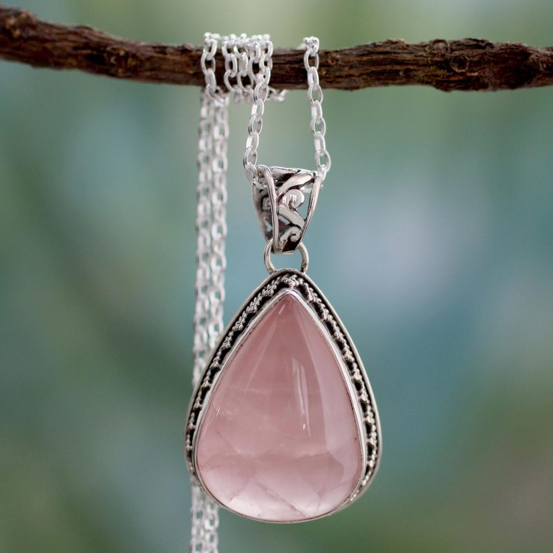 Love Drop Natur Rosenquarz Anhänger Halsketten 925 Sterling Silber Halskette Rosenquarz Schmuck Januar Geburtsstein Geschenk Boho Halskette
