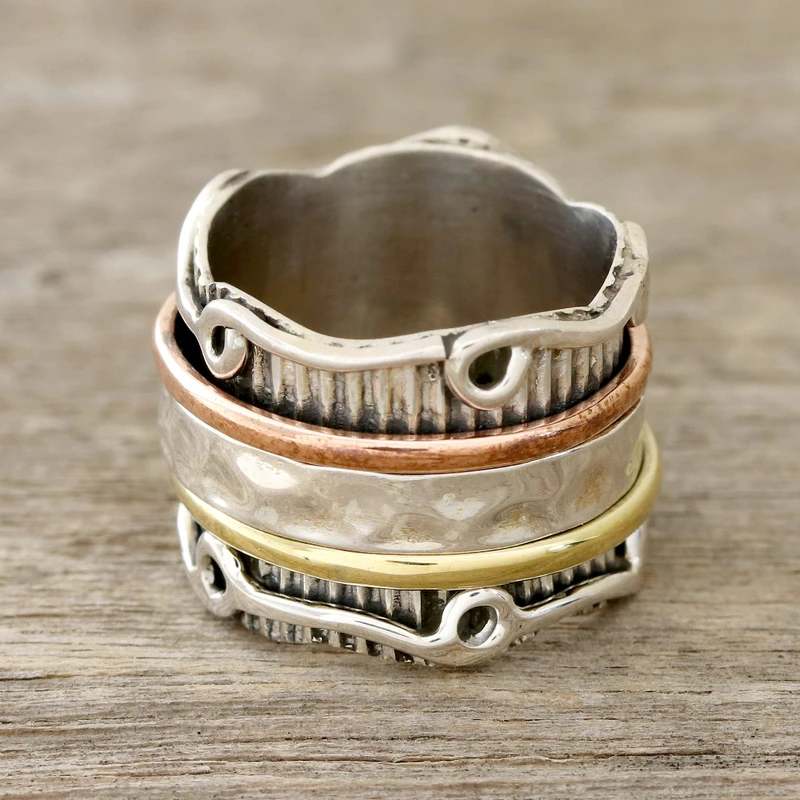 Sterlingsilber Spinner Ring mit Messing und Kupfer Handgemachter Ring Silberschmuck Böhmischer Zierlicher Ring Geschenk Für Sie Geschenkidee