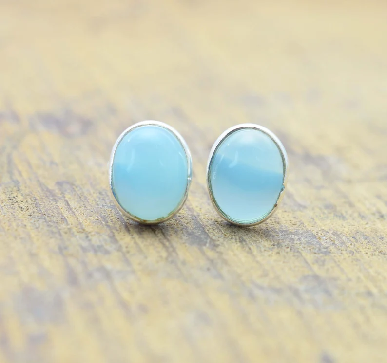 Blauer Chalcedon 925 Sterling Silber Ohrstecker Ovale Form Edelstein Handgemachter Böhmischer Schmuck Geschenk Für Sie