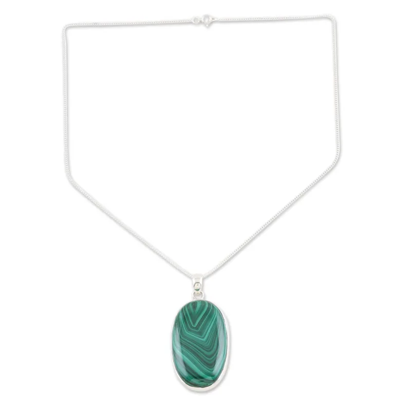 Lünettengefasste Malachit-Cabochon-Halskette, 925 Sterling Silber, handgefertigter Boho-Edelsteinanhänger, Geschenk für sie