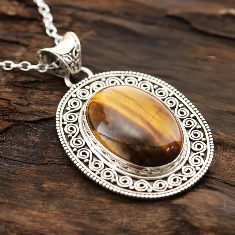 Ovale Tigerauge-Anhänger-Halskette, echter Edelstein, 925er Sterlingsilber, böhmischer Schmuck, Geschenk für sie