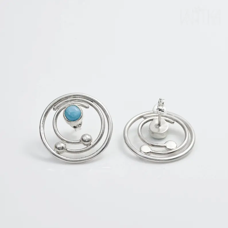 Runde Larimar-Edelstein 925er Sterlingsilber-Ohrstecker Designer-Ohrstecker Natur-Edelstein-Ohrringe Handgemachte Ohrringe