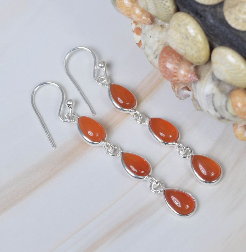 Roter Karneol 925 Sterling Silber Edelstein Ohrhänger Handgefertigter Schmuck Birnenförmige Lange Ohrringe Geschenk Für Schwester 3 Stein Ohrringe