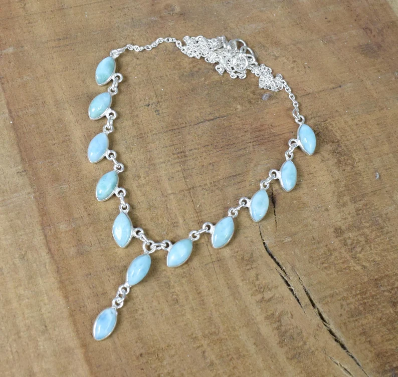 Natürlicher Larimar 925 Sterling Silber Marquise Edelstein Halskette Designer Schmuck Naturstein Handgemachter Schmuck Geschenk zum Jahrestag