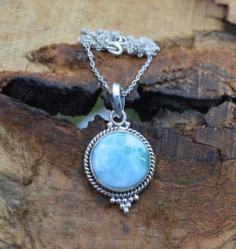 Blauer Larimar 925 Sterling Silber Edelstein Anhänger Halskette Minimalistische Larimar Edelstein Halskette Blaue Larimar Halskette Geschenk für Sie