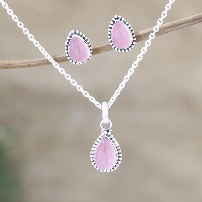 Pink Crush Rosenquarz Ohrring- und Halsketten-Set 925 Sterling Silber Halskette Rosenquarz Schmuck Januar Geburtsstein Geschenk Boho Halskette Geschenk für Sie