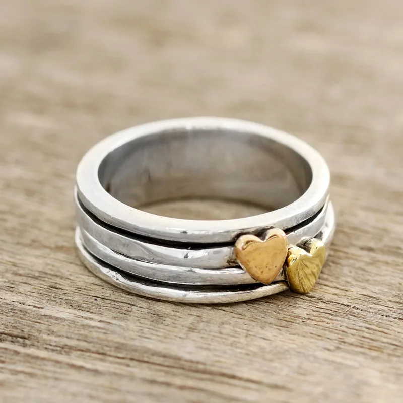 Herz Motiv Sterlingsilber und Messing Spinner Ring Handgemachter Ring Silberschmuck Böhmischer Zierlicher Ring Geschenk für sie Geschenkidee