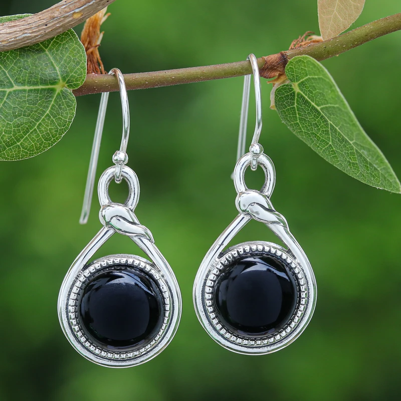 Knotenmuster Schwarzer Onyx Hängeohrringe 925 Sterling Silber Damen Handgemachte Ohrringe Geschenke für Mama & Sie