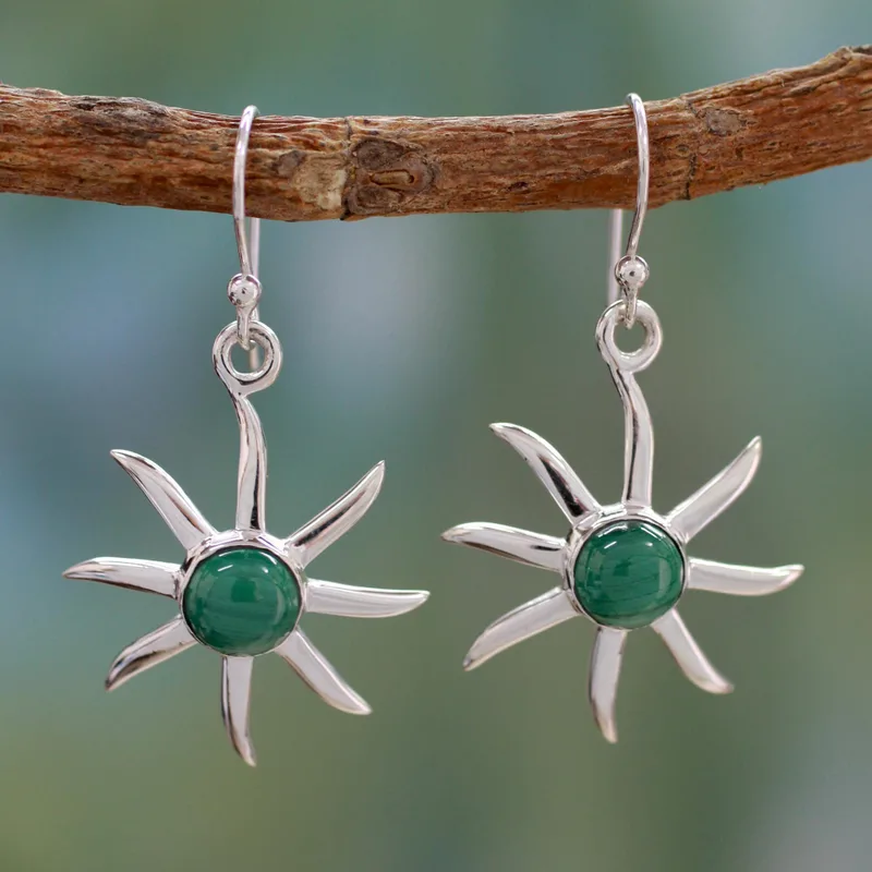 Sonnen-Design, runde Form, Malachit-Ohrringe, 925er Sterlingsilber, handgefertigte Damen, minimalistische Ohrringe, Geschenkidee, Schmuckgeschenk für Sie
