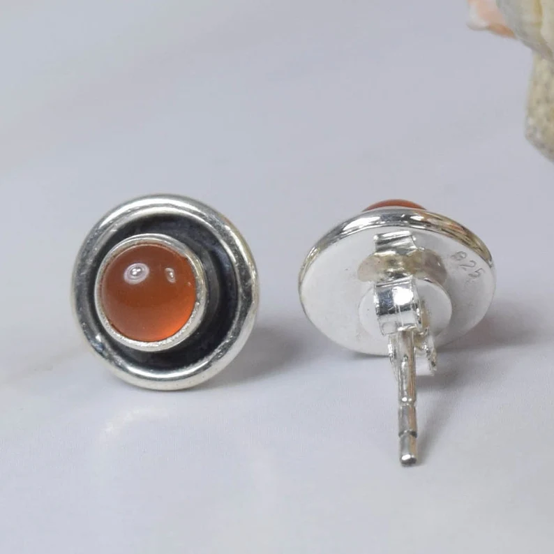 Roter Karneol 925 Sterling Silber Edelstein Ohrstecker Handgemachter Schmuck Runde Form August Geburtsstein Geschenk zum Geburtstag