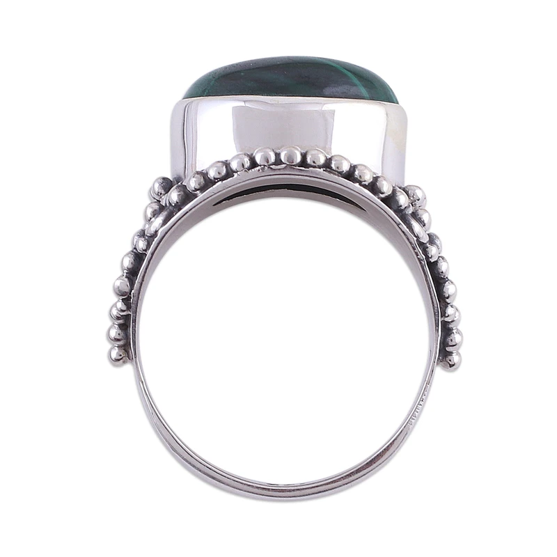 Malachite and Sterling Silver Cocktail Ring from India Natural Green Gemstone Ring Handmade Bohemian Jewelry Valentine Gift For Her Birthday Gift