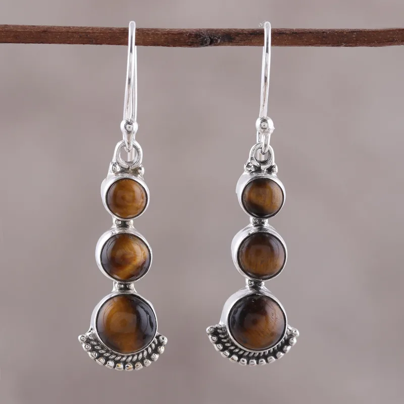 Dreifache runde Tigerauge-Tropfenohrringe, 925er Sterlingsilber, handgefertigt, Edelstein-Ohrringe, Geschenke zum Muttertag, Alltagsschmuck, Geschenk für sie