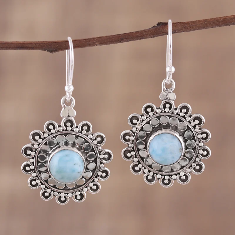 Blumen-See-förmige Larimar-Ohrhänger 925 Sterling Silber Ohrringe Edelstein-Ohrringe Handgemachter Schmuck Ohrringe Larimar-Schmuck Geschenk-Artikel