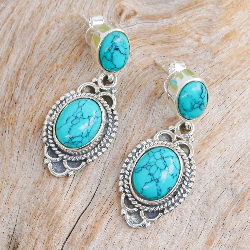 Klassische türkisfarbene Ohrhänger aus 925er Sterlingsilber, handgefertigter böhmischer Edelsteinschmuck, Geschenk für sie und Mama