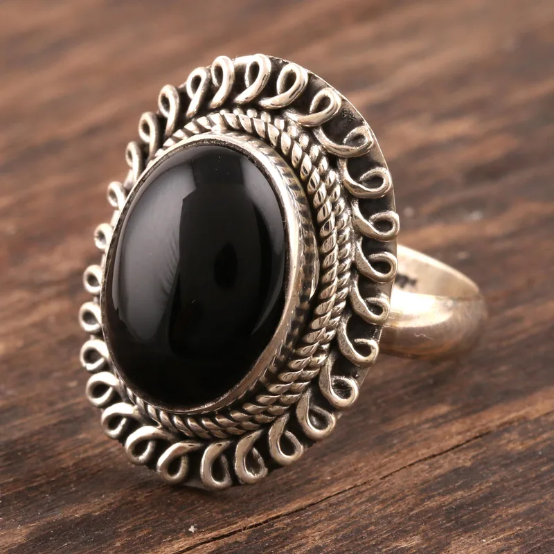 Oval Cocktail Ring Black Onyx 925 Sterling Silver Statement Ring Handmade Ring Woman Silver Ring Gift for Her