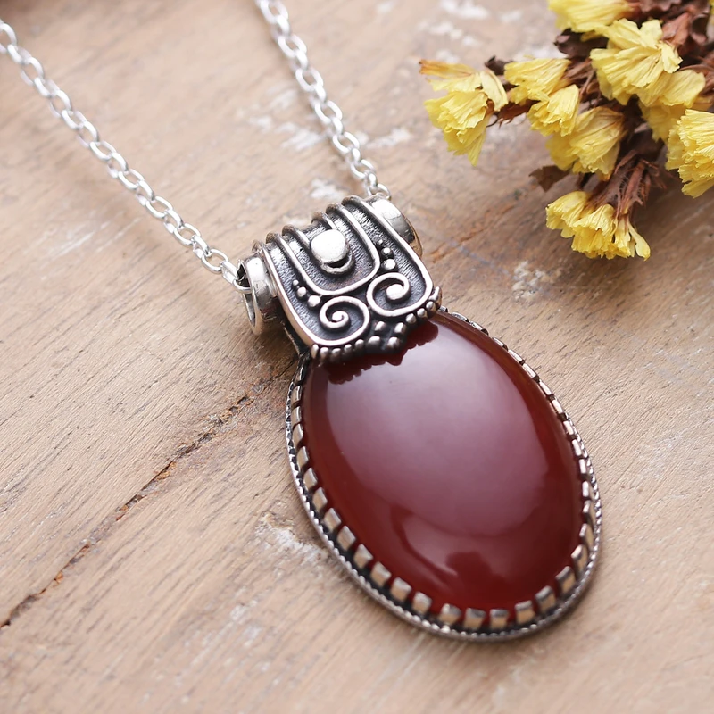 Traditional Natural Carnelian Pendant Necklace 925 Sterling Silver Art deco Necklace Gift for Her Birthday Gift
