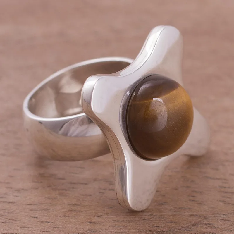 Kaffeeliebhaber Tigerauge Bandring 925 Sterling Silber Edelsteinring Gelber Bandring Hochzeitsgeschenkring für die Liebe Valentinstagsgeschenk
