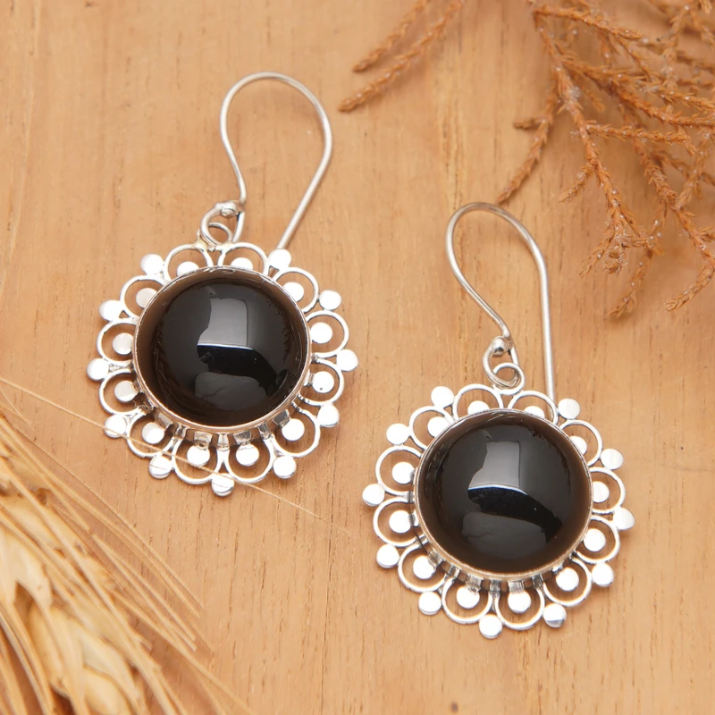 Blumen Sterling Silber Onyx Ohrhänger Frauen handgemachte Ohrringe Geschenke für Mama & Sie Böhmischer Schmuck