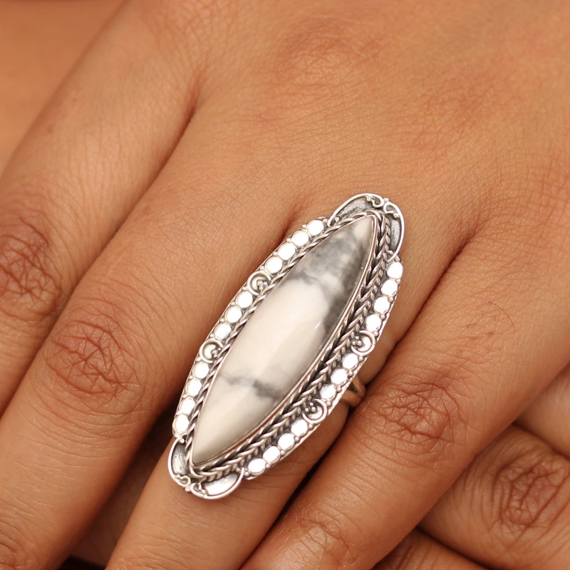 Sterling Silver Cocktail Ring with Howlite Cabochon White Stone Ring Handmade Women Ring Gemstone Ring Gift For Her