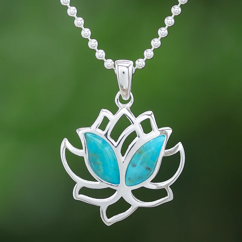 Natürlicher Türkis und 925er Sterling Silber Lotus-Halskette Zarte Halskette Perfektes Muttertagsgeschenk Böhmischer Schmuck