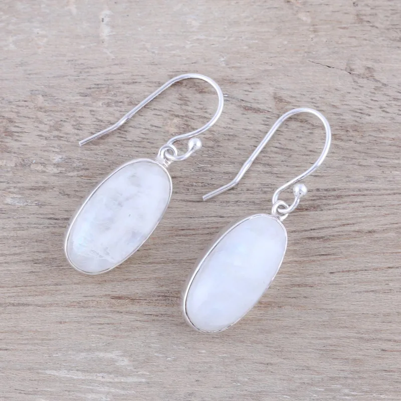 Regenbogen-Mondstein 925 Sterling Silber Ohrhänger Handgefertigte Ovale Edelstein Ohrringe Geschenk für Sie