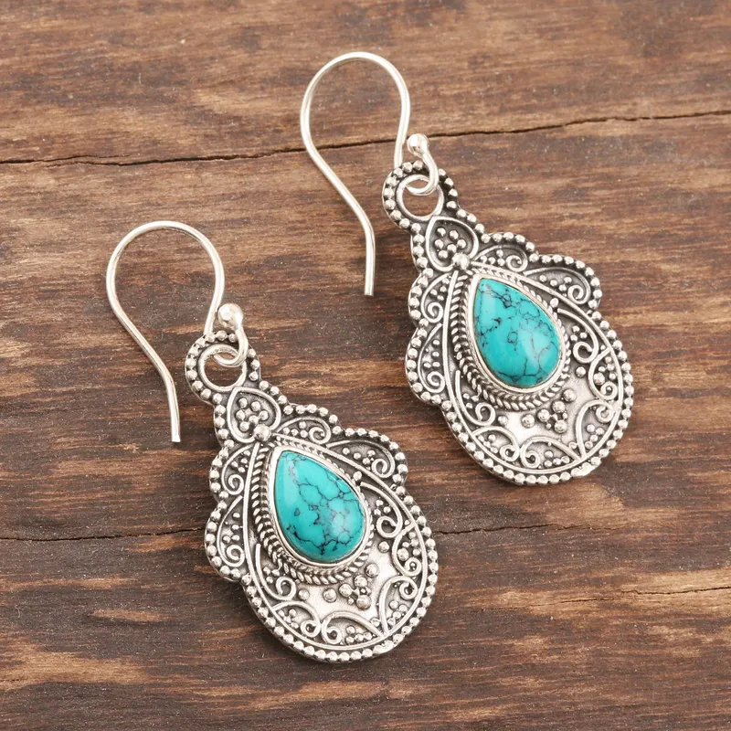 Oxidierte Silber 925 Sterling Silber Birne Türkis Ohrhänger Boho Zierliche Edelstein Ohrringe Handgemachter Schmuck 925 Silber Geschenk für Sie