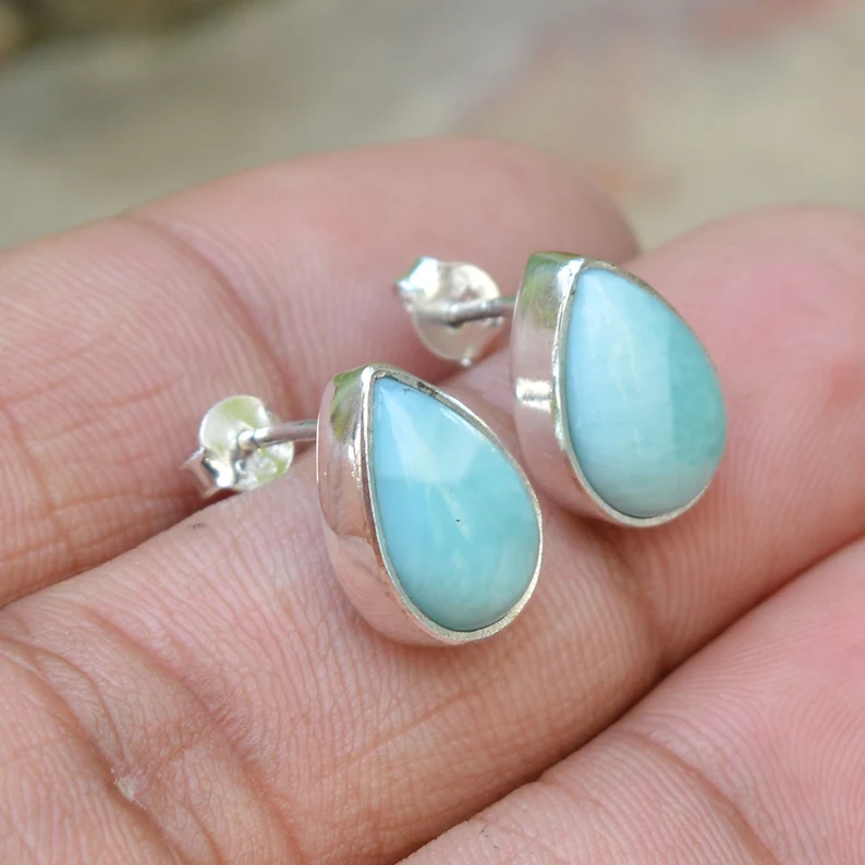 Larimar Ohrstecker Larimar Birnenförmige Ohrstecker 925 Sterling Silber Ohrringe Larimar Schmuck Ohrstecker Für Frauen