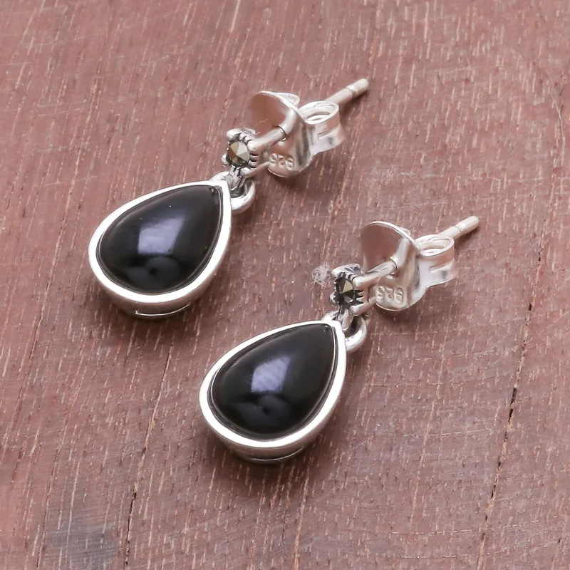 Tropfenförmige schwarze Onyx-Ohrhänger 925 Sterling Silber Damen handgefertigte Ohrringe Geschenke für Mama & Sie