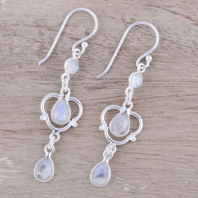 Ohrhänger aus 925er Sterlingsilber mit Regenbogen-Mondstein, handgefertigte Edelstein-Ohrringe, Geschenk für Sie