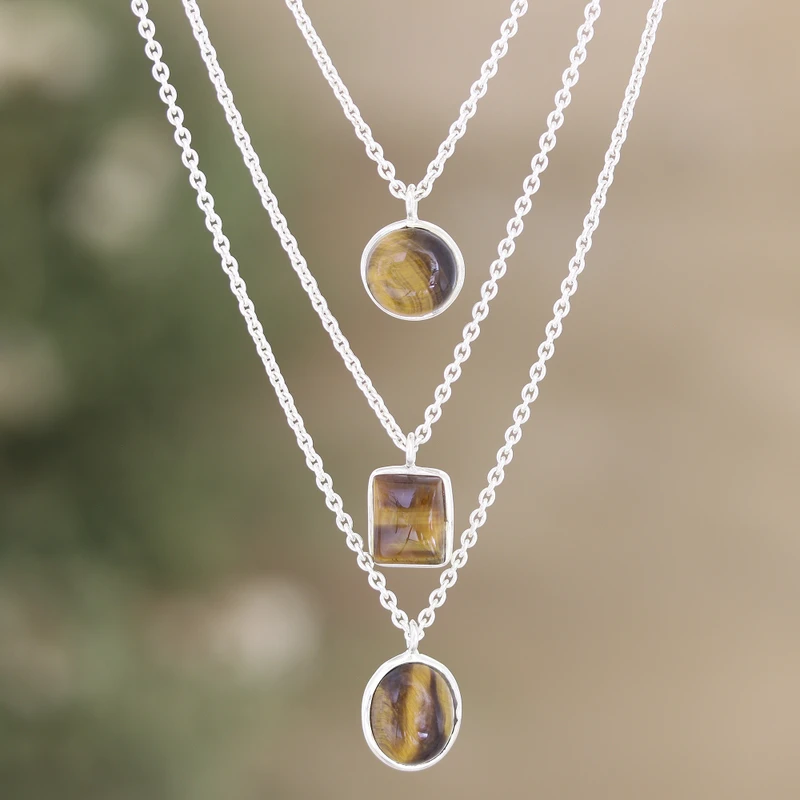 3-Strang-Tigerauge-Anhänger-Halskette Echte Edelstein-Halskette 925 Sterling Silber Böhmischer Schmuck Geschenk für Sie Geburtstagsgeschenk