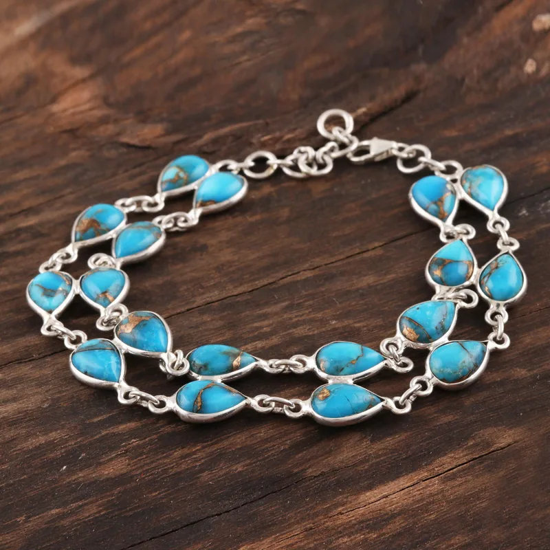 Tropfen Türkis Gliederarmband 925 Sterling Silber Armband Bohemian Schmuck Charm Schmuck Valentinstagsgeschenk für Sie