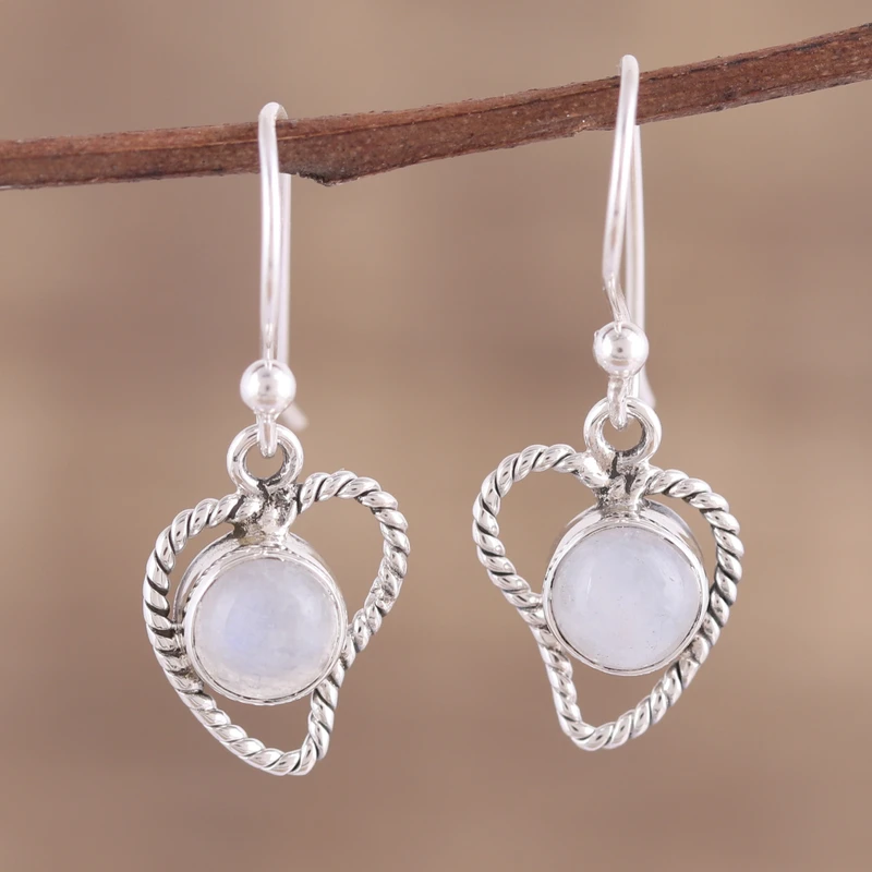 Regenbogen-Mondstein Abstrakte Herz-Ohrhänger Sterlingsilber 925 Handgefertigte Edelstein-Ohrringe Geschenk für Sie Geburtstagsgeschenk