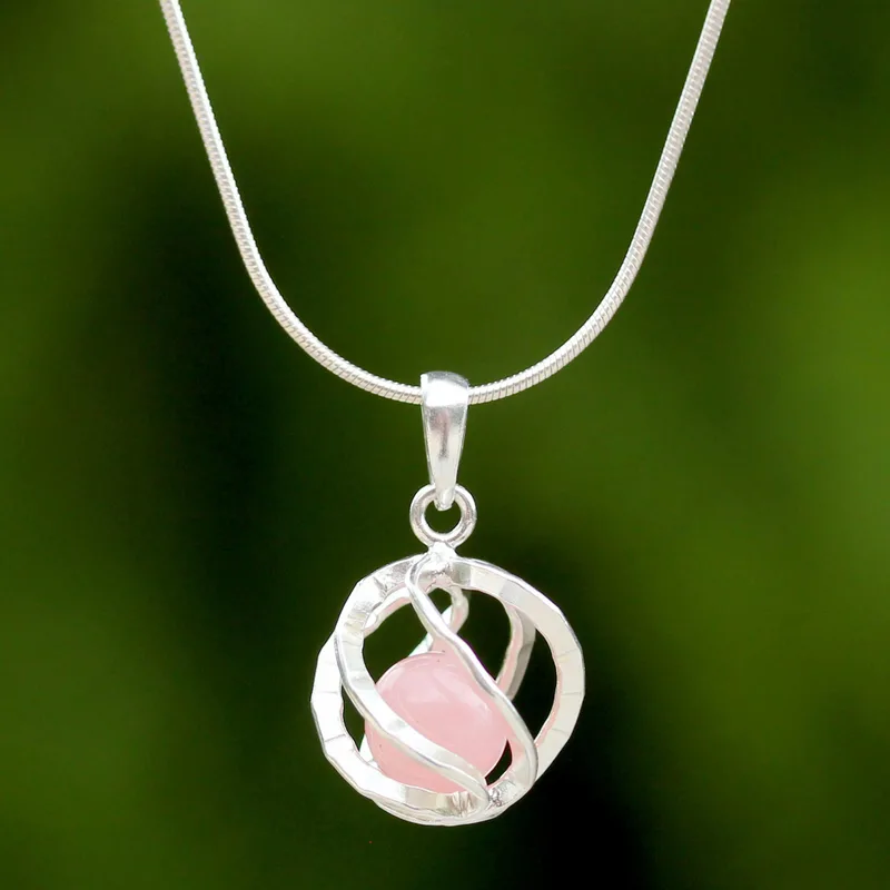 Rosa Energiekugel 925 Sterling Silber Anhänger Halskette mit Rosenquarz Halskette für Damen Handgemachte Boho Halsketten Geschenke für Sie
