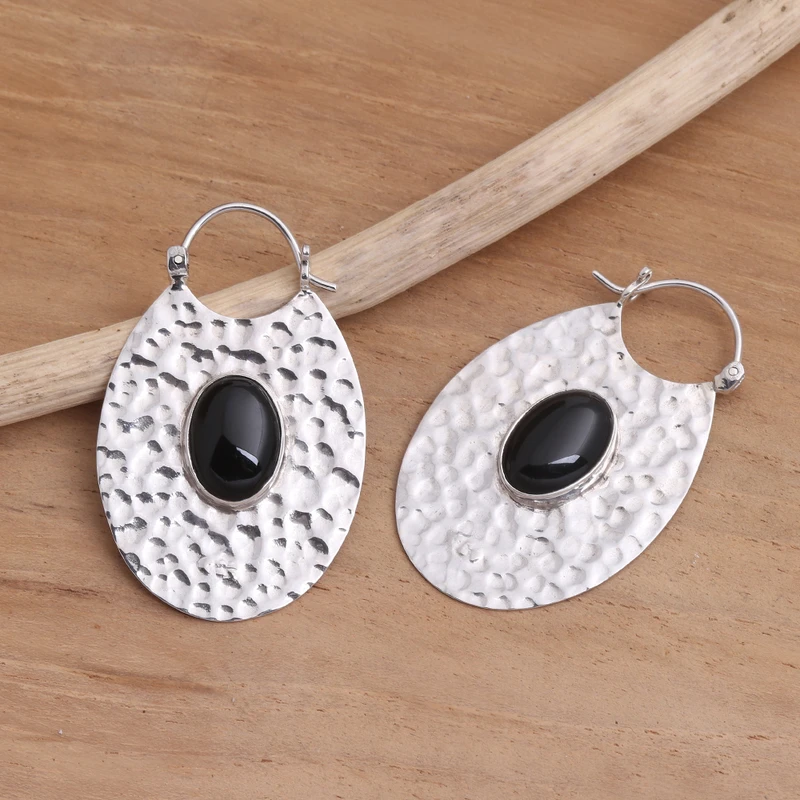 Hammered Sterling Silver Oval Hoop Earrings with Black Onyx Women Handmade Earrings Gifts For Mom & Her