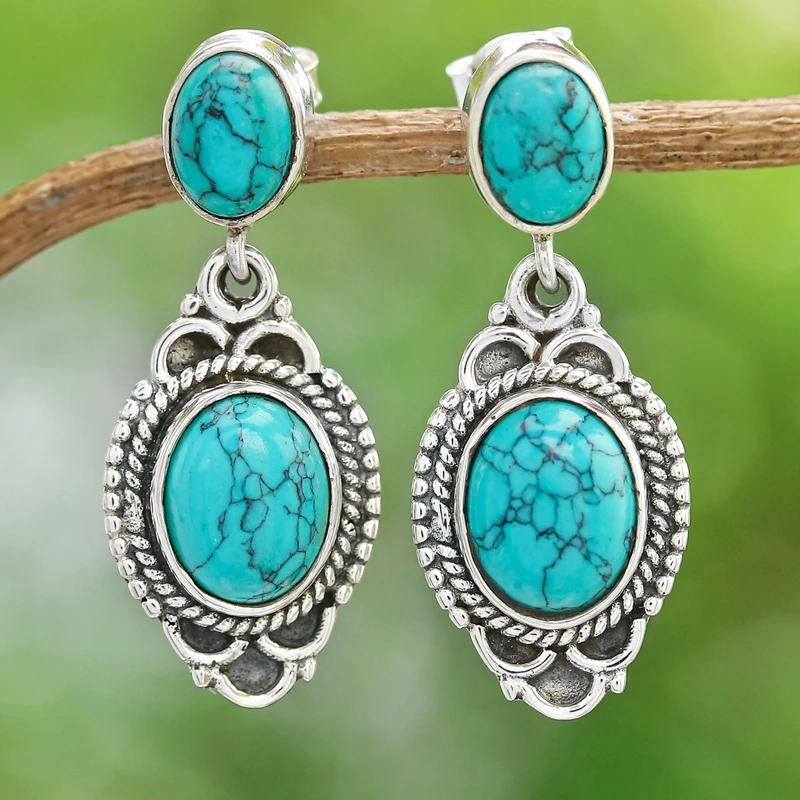 Klassische türkisfarbene Ohrhänger aus 925er Sterlingsilber, handgefertigter böhmischer Edelsteinschmuck, Geschenk für sie und Mama