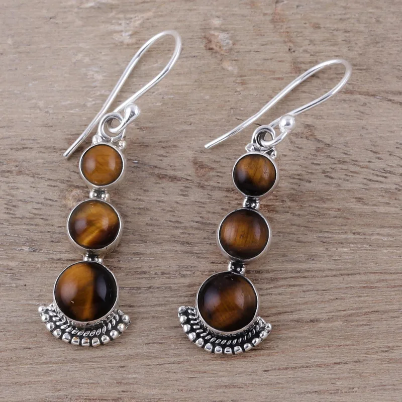 Dreifache runde Tigerauge-Tropfenohrringe, 925er Sterlingsilber, handgefertigt, Edelstein-Ohrringe, Geschenke zum Muttertag, Alltagsschmuck, Geschenk für sie