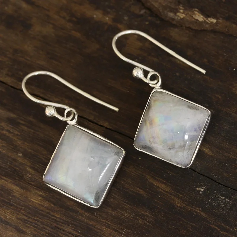 Quadratische Regenbogen-Mondstein-Ohrringe 925 Sterlingsilber Ohrringe Handgefertigte Edelstein-Ohrringe Geschenk für Sie
