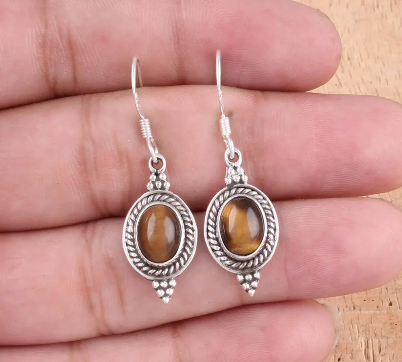 Tigerauge Edelstein Ohrringe 925 Sterlingsilber Handgemachte Ohrringe Alltagstaugliche Ohrringe in Ovaler Form Boho Ohrringe Geschenk für Sie