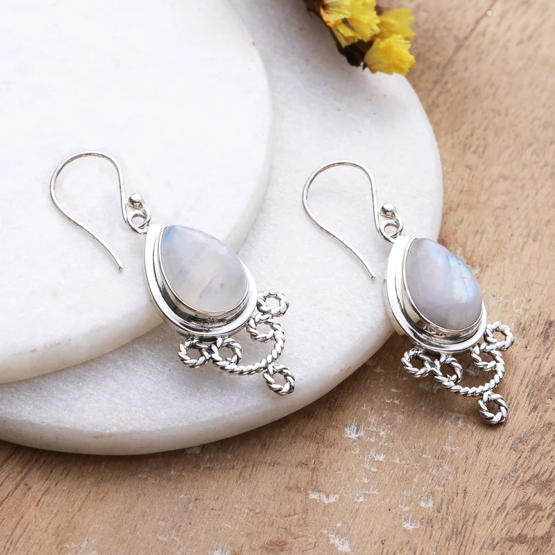 Regenbogen-Mondstein-Ohrringe 925 Sterling Silber Ohrring Handgemachter Birnen-Edelstein-Ohrring Geschenk für sie Böhmischer Schmuck Geschenk Artikel