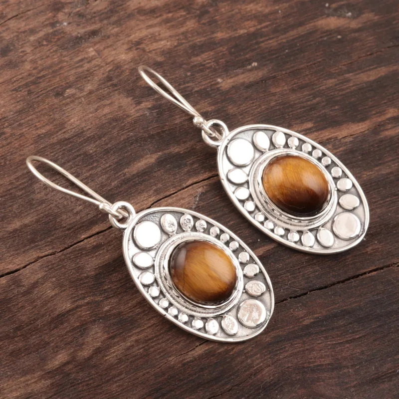 Ovale Schönheits-Tigerauge-Tropfen-Ohrringe 925 Sterling Silber Handgemachte Edelstein-Silberohrringe Geschenke zum Muttertag Alltagsschmuck Geschenk für sie