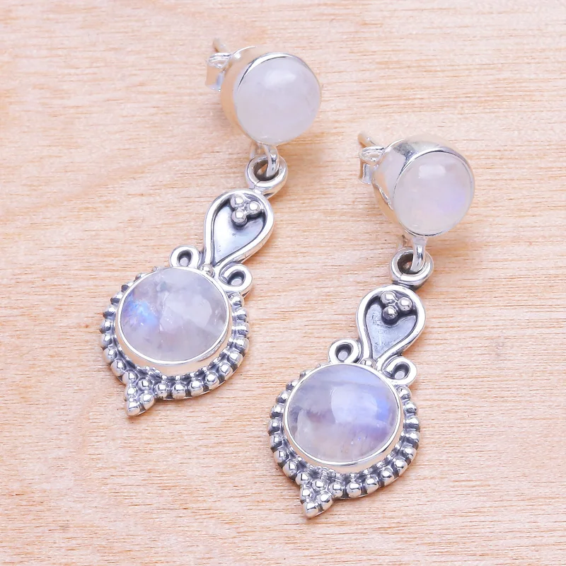 Regenbogen-Mondstein-Cabochon-Ohrringe aus Sterlingsilber, baumelnd, handgefertigt, Edelstein-Ohrringe, Geburtstagsgeschenk für sie
