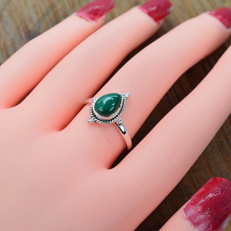 Grüner Malachit 925 Sterling Silber Tropfenform Ring Edelsteinring Designerschmuck Natur-Edelsteinring Geburtsstein April Geschenk zum Valentinstag